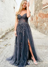 Eartha |Long Navy Blue Prom Dress Lace Tulle With A Line Sweetheart 3D Flower Slit - Navy Blue - PromDressClub